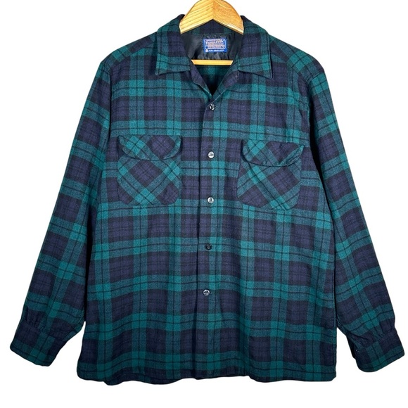 PENDLETON Vintage Virgin Wool Flannel in forest green & black Hunter Plaid - Picture 9 of 9